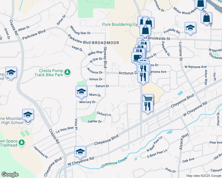 map of restaurants, bars, coffee shops, grocery stores, and more near 935 Saturn Drive in Colorado Springs