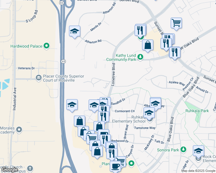 map of restaurants, bars, coffee shops, grocery stores, and more near 6111 Lonetree Boulevard in Rocklin
