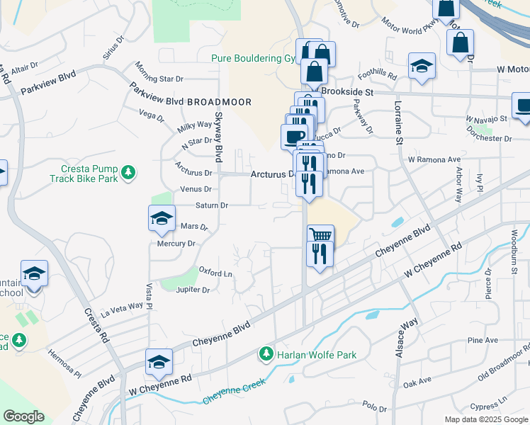 map of restaurants, bars, coffee shops, grocery stores, and more near 777 Saturn Drive in Colorado Springs