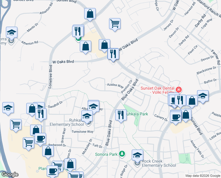 map of restaurants, bars, coffee shops, grocery stores, and more near 2019 Cassia Way in Rocklin