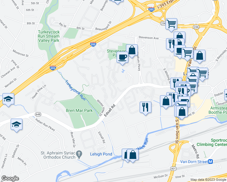 map of restaurants, bars, coffee shops, grocery stores, and more near 309 Yoakum Parkway in Alexandria