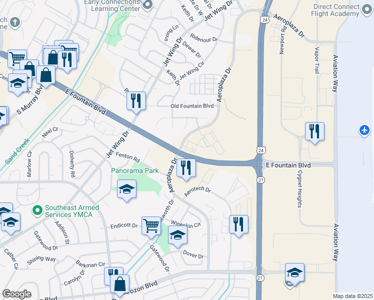 map of restaurants, bars, coffee shops, grocery stores, and more near 1815 Aeroplaza Drive in Colorado Springs