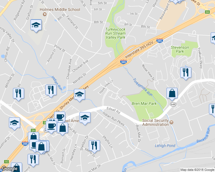 map of restaurants, bars, coffee shops, grocery stores, and more near 6377 Hawk View Lane in Alexandria