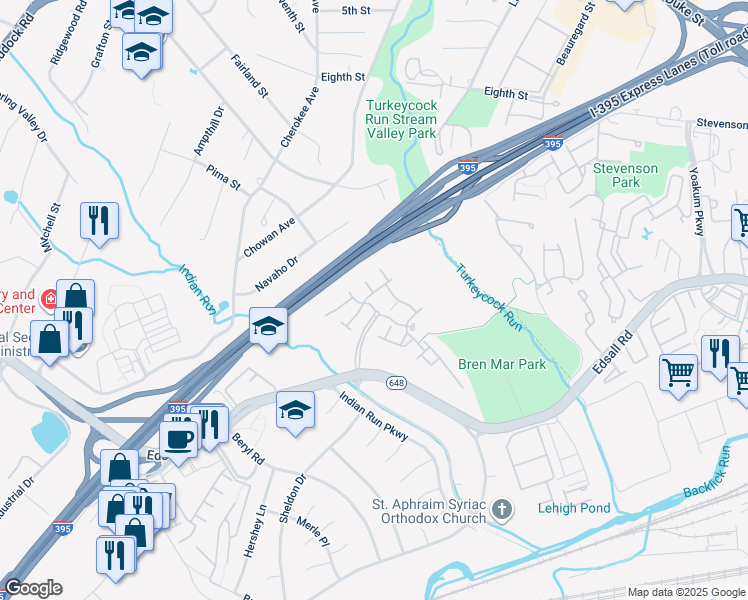 map of restaurants, bars, coffee shops, grocery stores, and more near 6377 Hawk View Lane in Alexandria