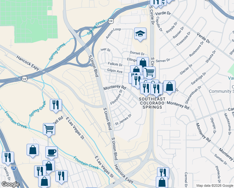 map of restaurants, bars, coffee shops, grocery stores, and more near 2225 Saint Paul Drive in Colorado Springs