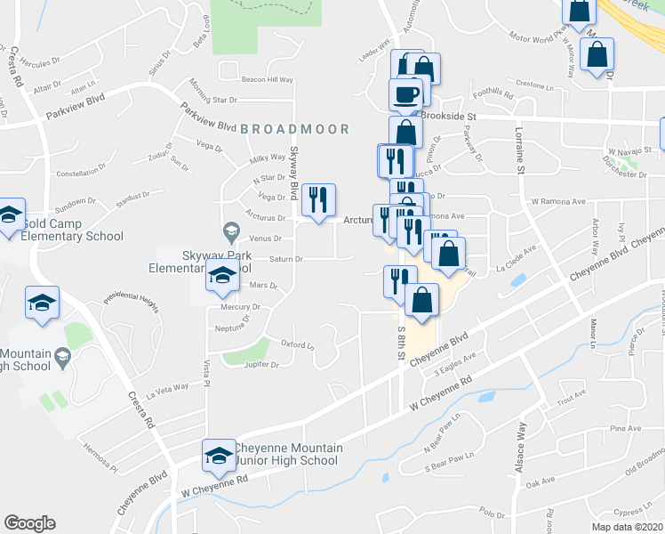 map of restaurants, bars, coffee shops, grocery stores, and more near 864 Oxford Lane in Colorado Springs