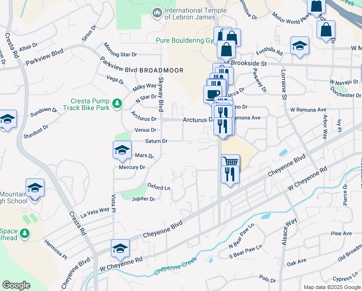 map of restaurants, bars, coffee shops, grocery stores, and more near 864 Oxford Lane in Colorado Springs