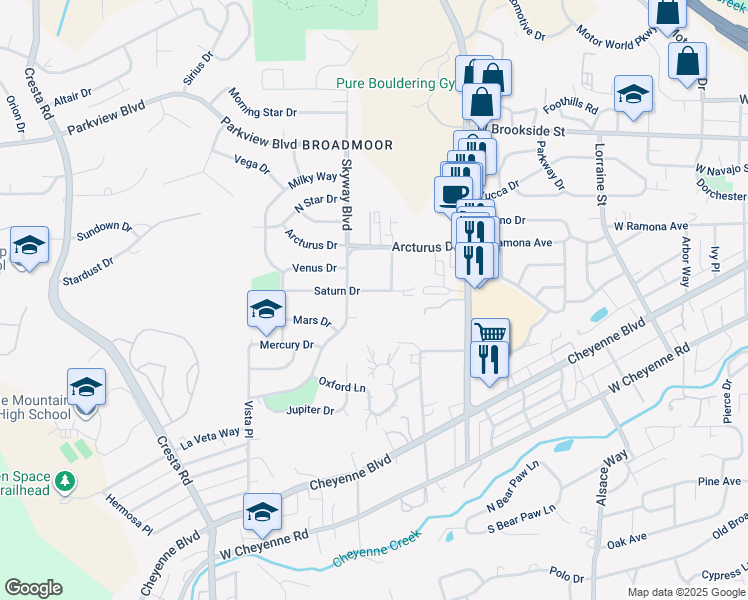 map of restaurants, bars, coffee shops, grocery stores, and more near 939 Skyway Boulevard in Colorado Springs