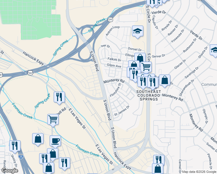 map of restaurants, bars, coffee shops, grocery stores, and more near 2225 Saint Paul Drive in Colorado Springs
