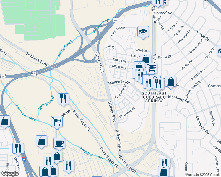 map of restaurants, bars, coffee shops, grocery stores, and more near 1834 Final View Alley in Colorado Springs