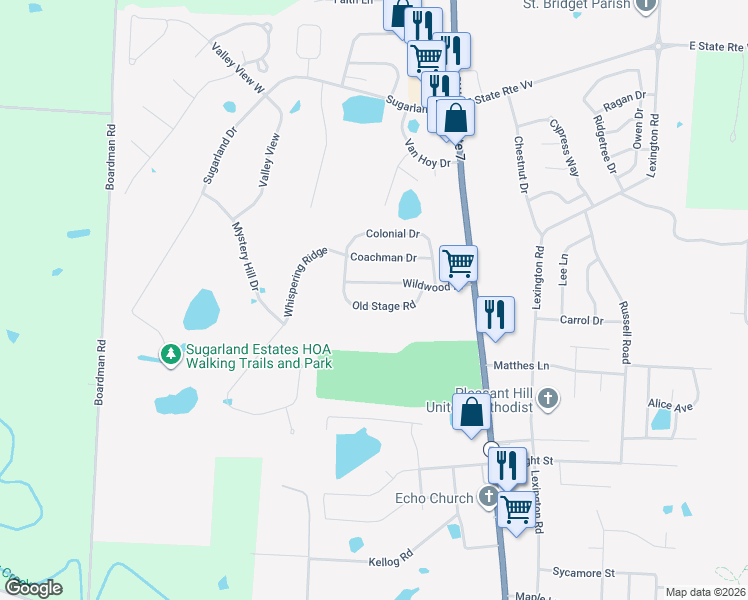 map of restaurants, bars, coffee shops, grocery stores, and more near 806 Old Stage Road in Pleasant Hill