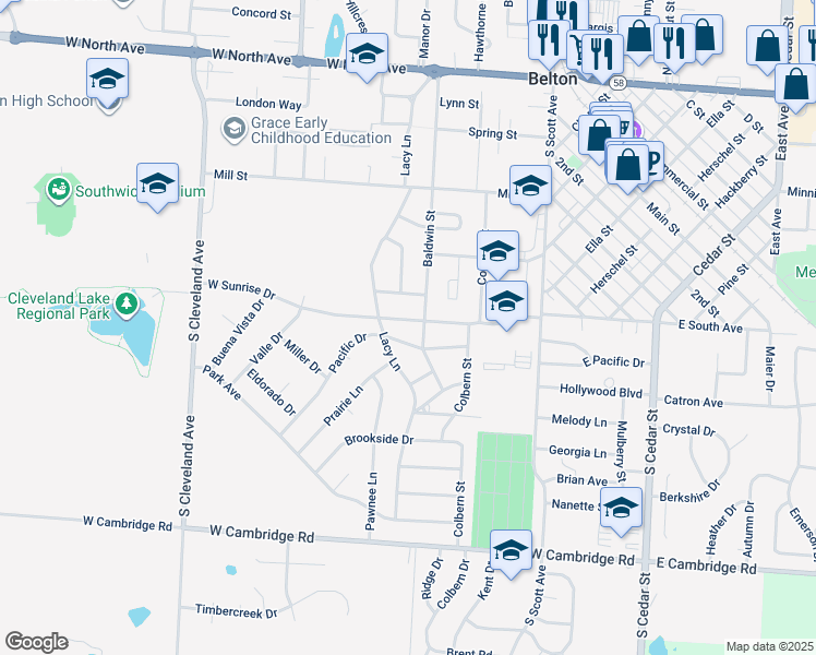 map of restaurants, bars, coffee shops, grocery stores, and more near 303 Pacific Drive in Belton