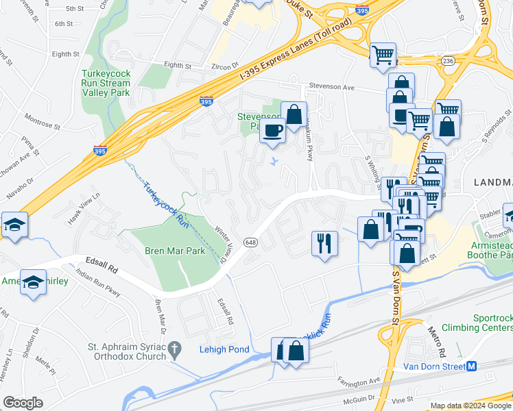map of restaurants, bars, coffee shops, grocery stores, and more near 309 Yoakum Parkway in Alexandria