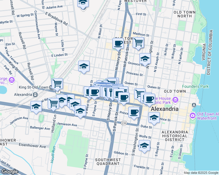 map of restaurants, bars, coffee shops, grocery stores, and more near 1115 Cameron Street in Alexandria