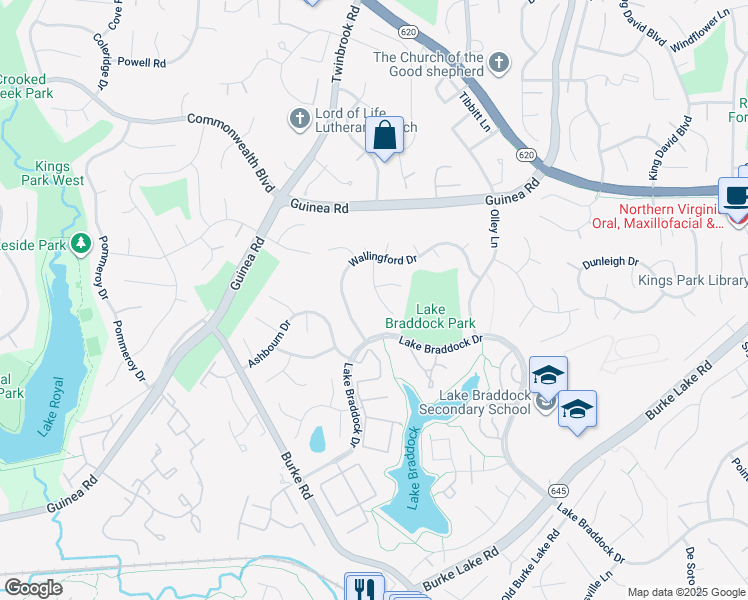 map of restaurants, bars, coffee shops, grocery stores, and more near 5222 Lighthorne Road in Burke