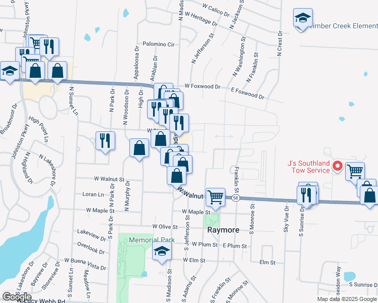 map of restaurants, bars, coffee shops, grocery stores, and more near Grant Drive in Raymore