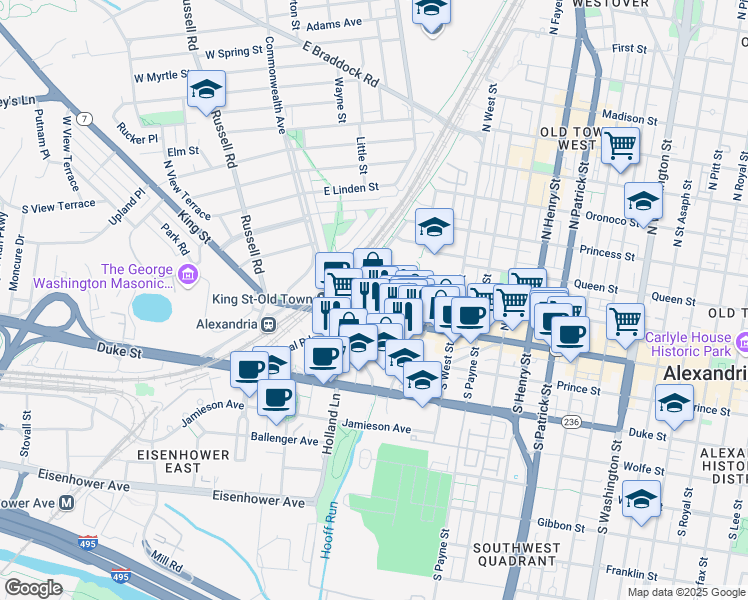 map of restaurants, bars, coffee shops, grocery stores, and more near 1727 King Street in Alexandria