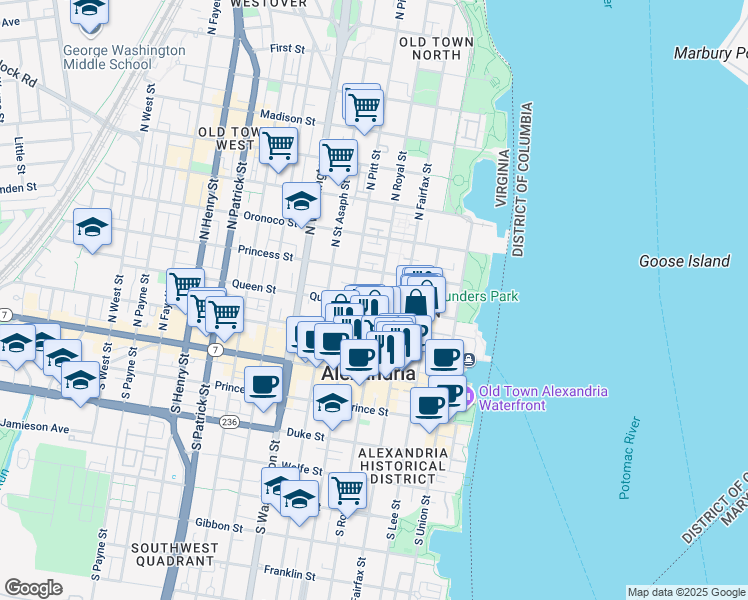 map of restaurants, bars, coffee shops, grocery stores, and more near 405 Queen Street in Alexandria