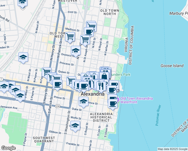 map of restaurants, bars, coffee shops, grocery stores, and more near 405 Queen Street in Alexandria