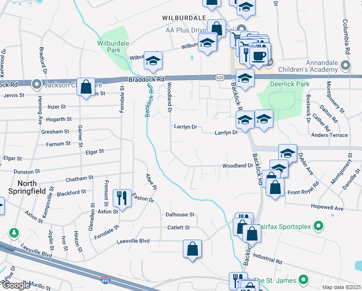 map of restaurants, bars, coffee shops, grocery stores, and more near 7109 Triad Way in Springfield