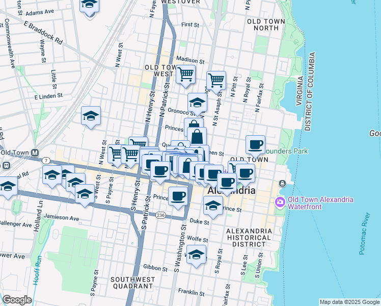 map of restaurants, bars, coffee shops, grocery stores, and more near 220 North Washington Street in Alexandria