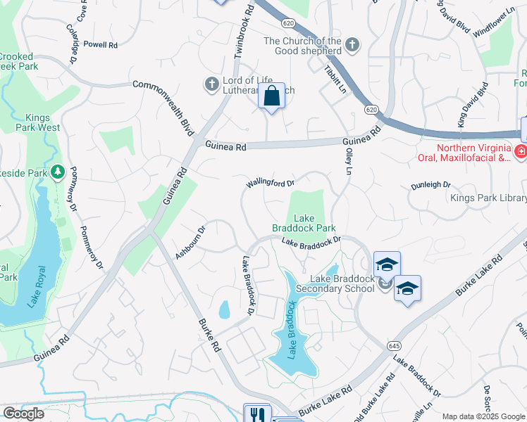 map of restaurants, bars, coffee shops, grocery stores, and more near 5222 Lighthorne Road in Burke