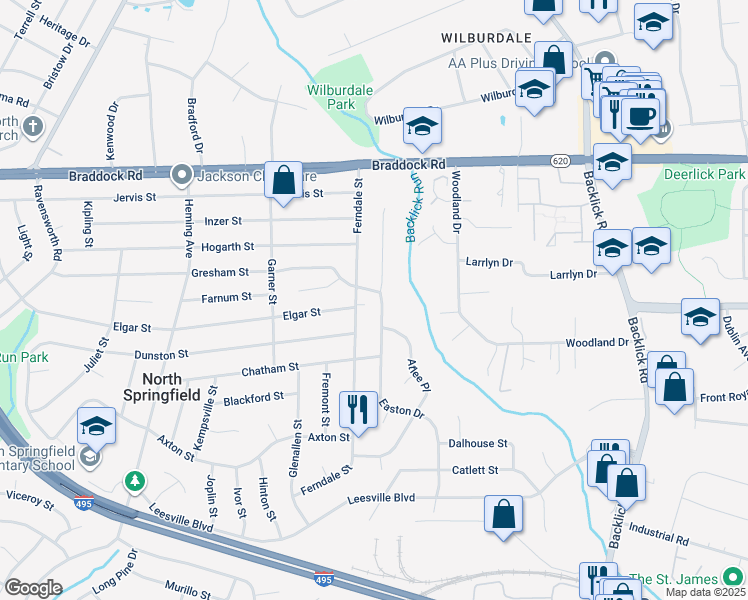 map of restaurants, bars, coffee shops, grocery stores, and more near 5303 Easton Drive in Springfield