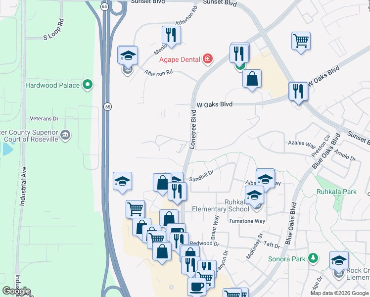 map of restaurants, bars, coffee shops, grocery stores, and more near 6107 Lonetree Boulevard in Rocklin