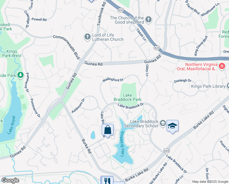 map of restaurants, bars, coffee shops, grocery stores, and more near 5225 Lighthorne Road in Burke