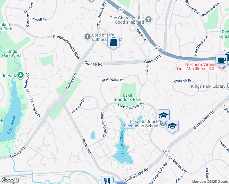 map of restaurants, bars, coffee shops, grocery stores, and more near 5225 Lighthorne Road in Burke