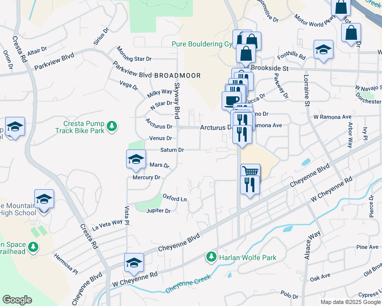 map of restaurants, bars, coffee shops, grocery stores, and more near 939 Skyway Boulevard in Colorado Springs