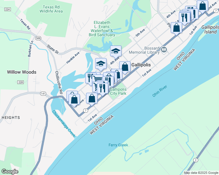 map of restaurants, bars, coffee shops, grocery stores, and more near 33 Court Street in Gallipolis