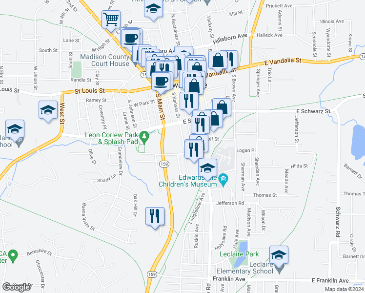 map of restaurants, bars, coffee shops, grocery stores, and more near 402 Cherry Street in Edwardsville