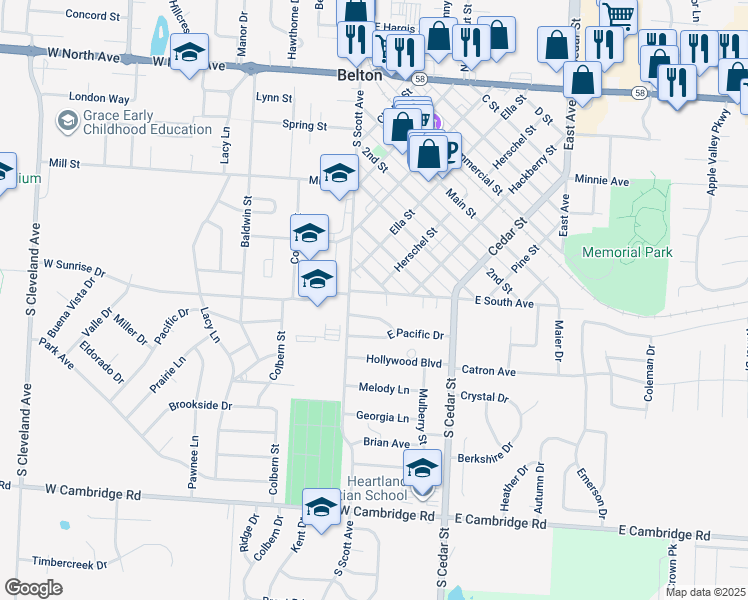 map of restaurants, bars, coffee shops, grocery stores, and more near 113 East Sunrise Drive in Belton