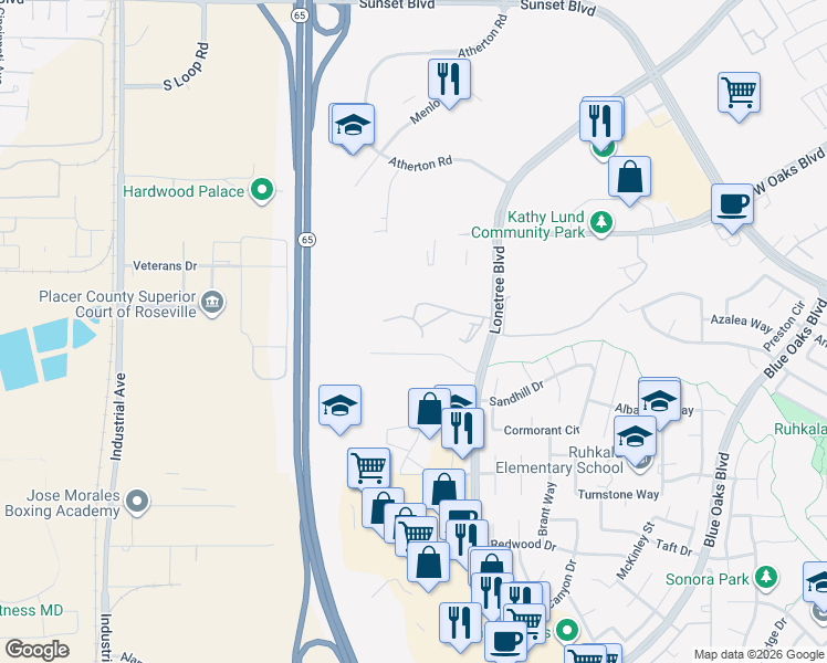 map of restaurants, bars, coffee shops, grocery stores, and more near 6246 Lonetree Boulevard in Rocklin
