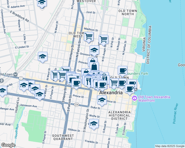 map of restaurants, bars, coffee shops, grocery stores, and more near 220 North Washington Street in Alexandria