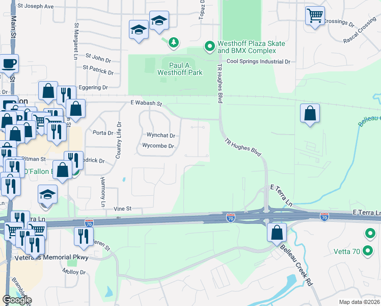 map of restaurants, bars, coffee shops, grocery stores, and more near 402 Orf Avenue in O'Fallon