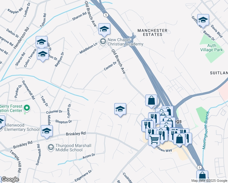 map of restaurants, bars, coffee shops, grocery stores, and more near 5401 Lorraine Drive in Temple Hills
