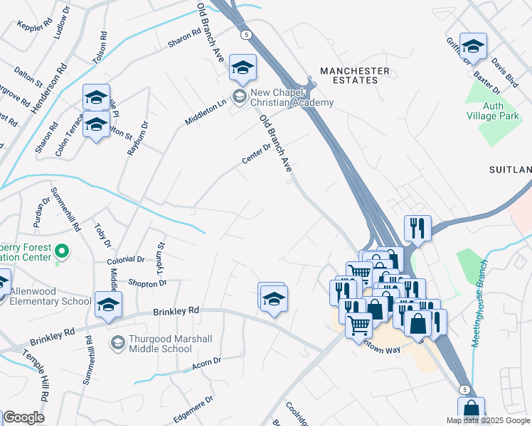 map of restaurants, bars, coffee shops, grocery stores, and more near 5401 Lorraine Drive in Temple Hills