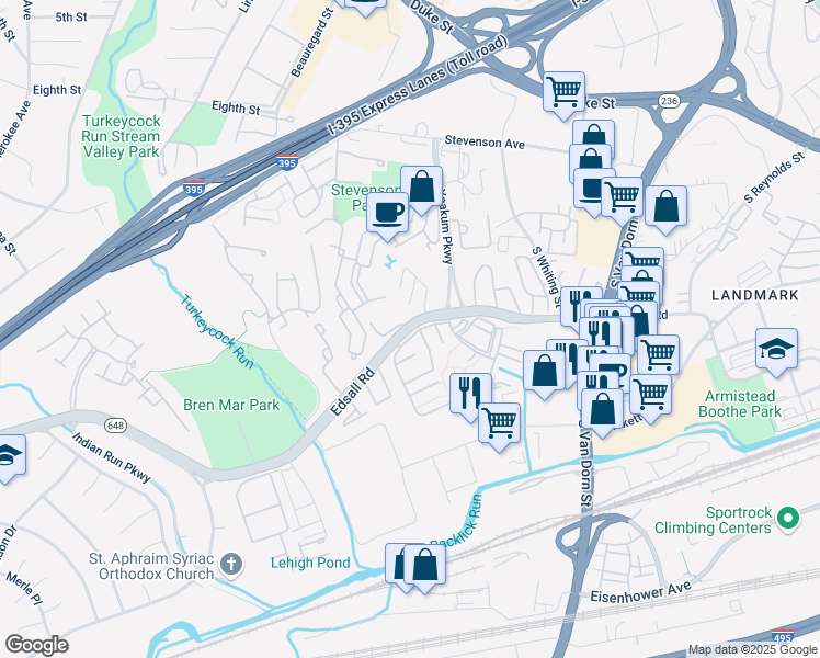 map of restaurants, bars, coffee shops, grocery stores, and more near 6196 Edsall Road in Alexandria