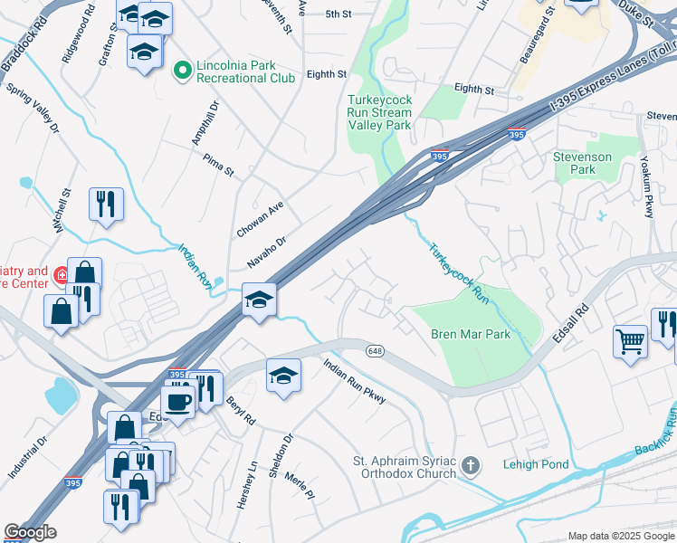 map of restaurants, bars, coffee shops, grocery stores, and more near 5265 Broadwing Place in Alexandria