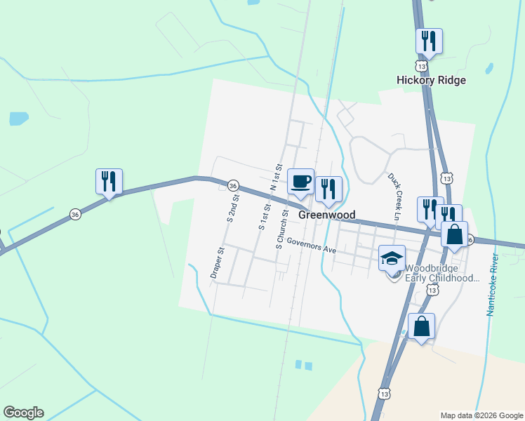 map of restaurants, bars, coffee shops, grocery stores, and more near 204 West Market Street in Greenwood