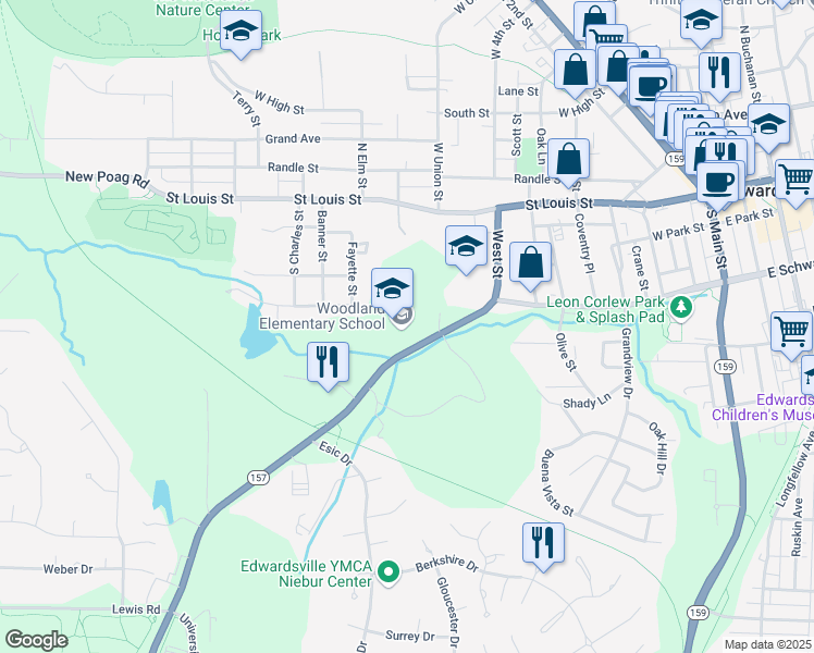 map of restaurants, bars, coffee shops, grocery stores, and more near 59 Illinois 157 in Edwardsville