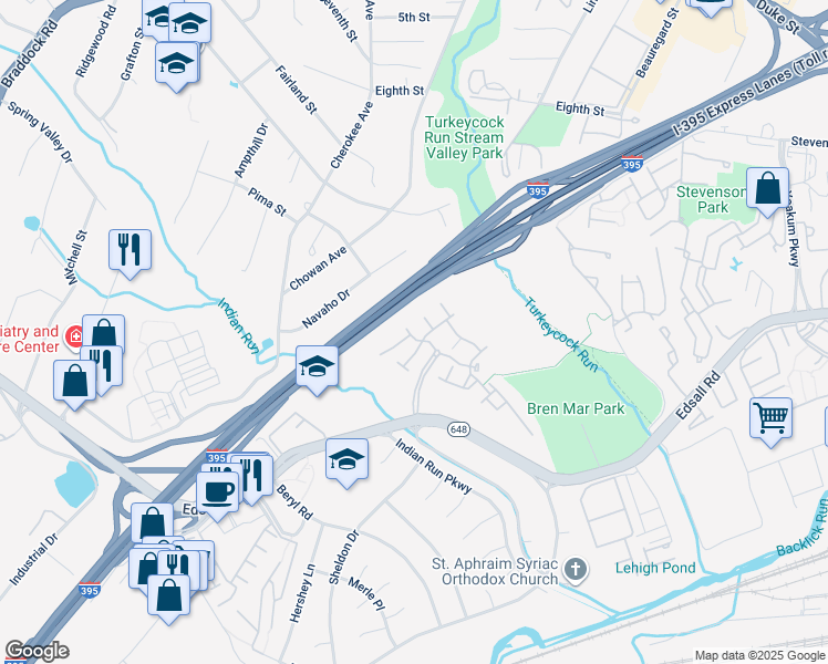 map of restaurants, bars, coffee shops, grocery stores, and more near 5265 Broadwing Place in Alexandria