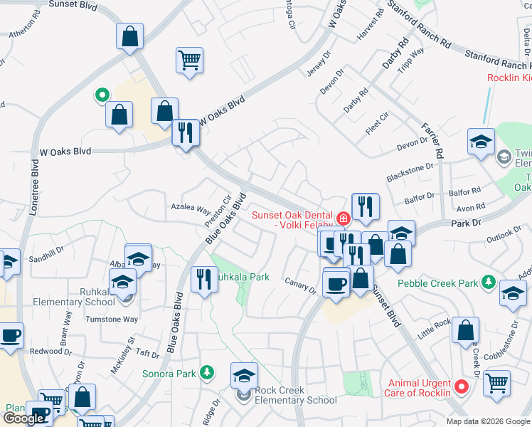 map of restaurants, bars, coffee shops, grocery stores, and more near 201 Sammy Way in Rocklin