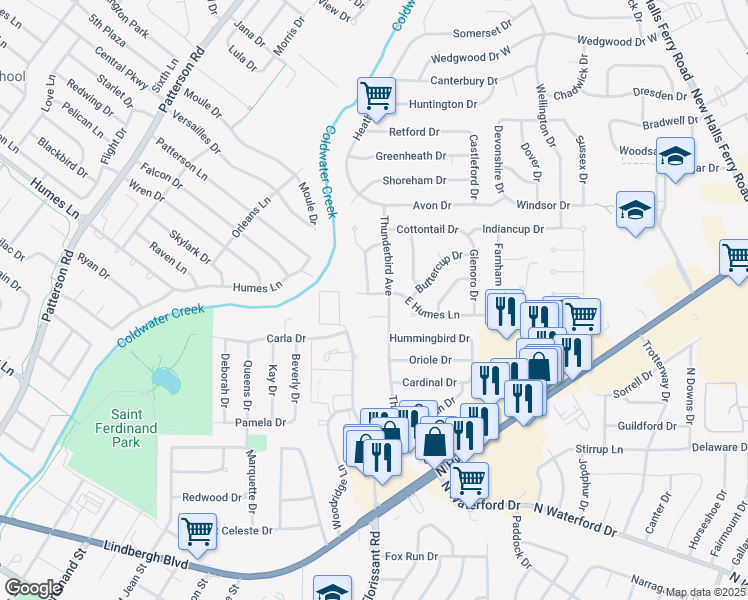 map of restaurants, bars, coffee shops, grocery stores, and more near 2070 East Humes Lane in Florissant