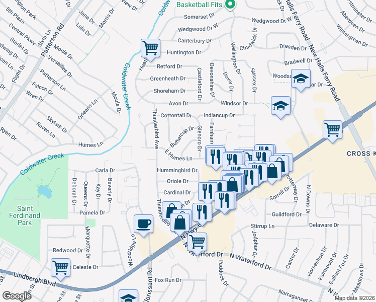 map of restaurants, bars, coffee shops, grocery stores, and more near 2295 Montagne Drive in Florissant
