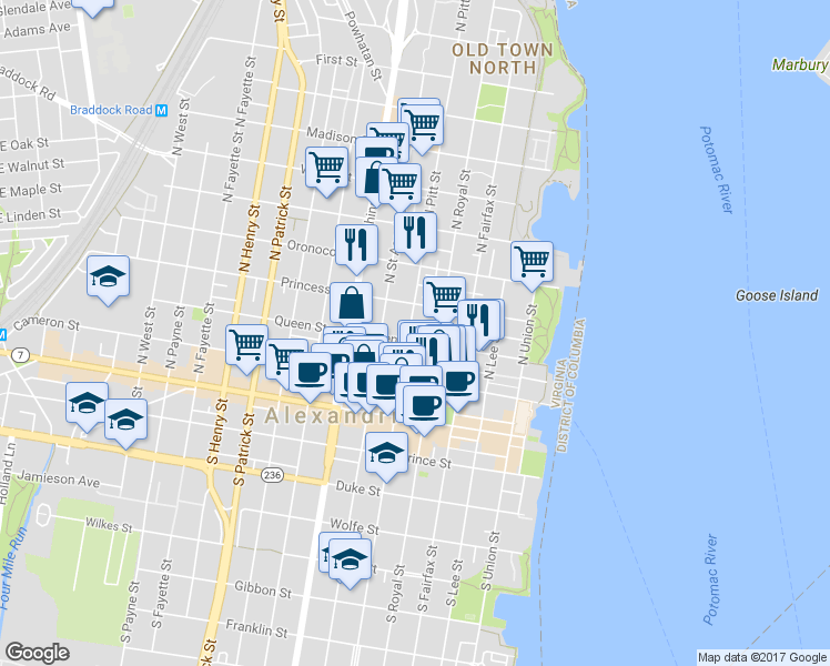 map of restaurants, bars, coffee shops, grocery stores, and more near 305 North Pitt Street in Alexandria