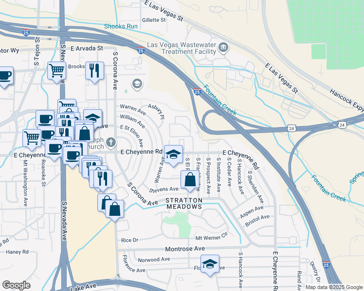 map of restaurants, bars, coffee shops, grocery stores, and more near 1695 Lenmar Drive in Colorado Springs
