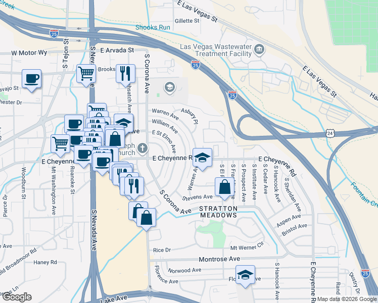 map of restaurants, bars, coffee shops, grocery stores, and more near 549 Warren Avenue in Colorado Springs